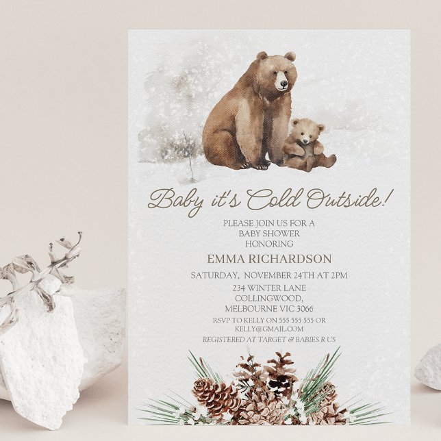 Braun Bear Cub Winter Baby Dusche Einladung (Brown bear and cub baby it's cold out there baby shower invitation great for a gender neutral shower)
