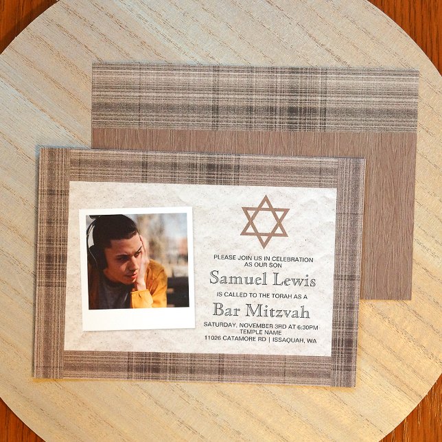 Braun, Beige Kariert Bar Mitzvah Foto Einladung (Budget Star of David, Beige Plaid Bar Mitzvah Invitations)