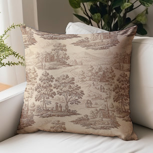 Braun Beige Land Toile de Jouy Muster Vintage Kissen