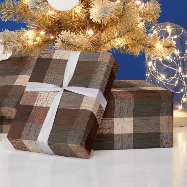 Braun Beige Rustikale Holzhütte Karomuster Geschenkpapier (Feiertage)