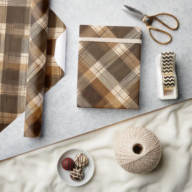 Braun Beige Rustikale Holzhütte Karomuster Geschenkpapier (Kunsthandwerk)