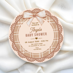 Braun beige Schleife Karo Baby-Party Einladung