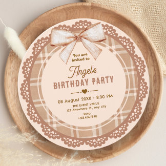Braun beige Schleife Karo Geburtstag Einladung
