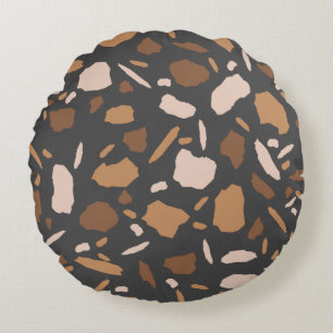 Braun, Beige, Taupe und Grau Terrazzo Marmor Rundes Kissen