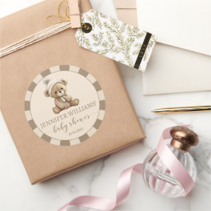 Braun beige Teddybär Baby-Party runde Aufkleber