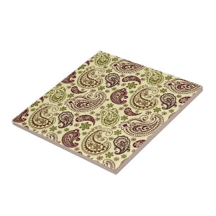 Braun Beige und Pastellgrün Vintage Paisley-Muster Fliese