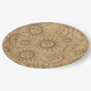 Braun Beige Vintage Himmel Sonne Mond Sterne Party Pappteller