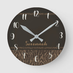 Braun Beige Zebramuster Glamouröse Pailletten Glit Runde Wanduhr