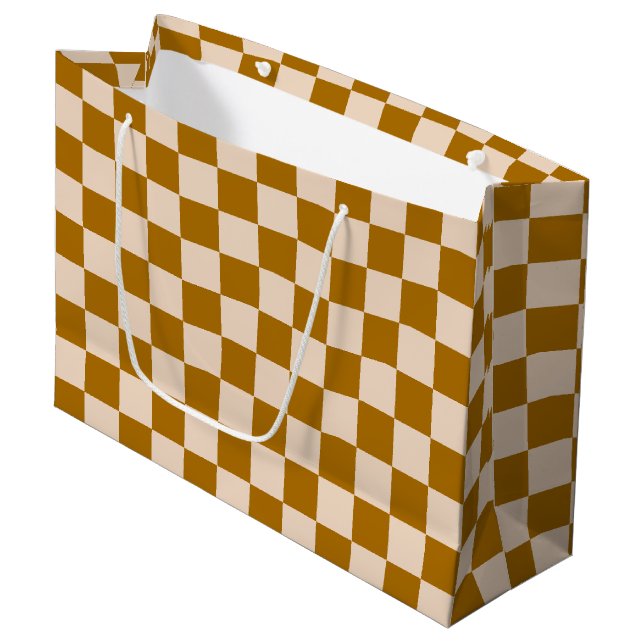 Braun-beiges Schachbrettmuster Große Geschenktüte (Vorderseite Schrägansicht)