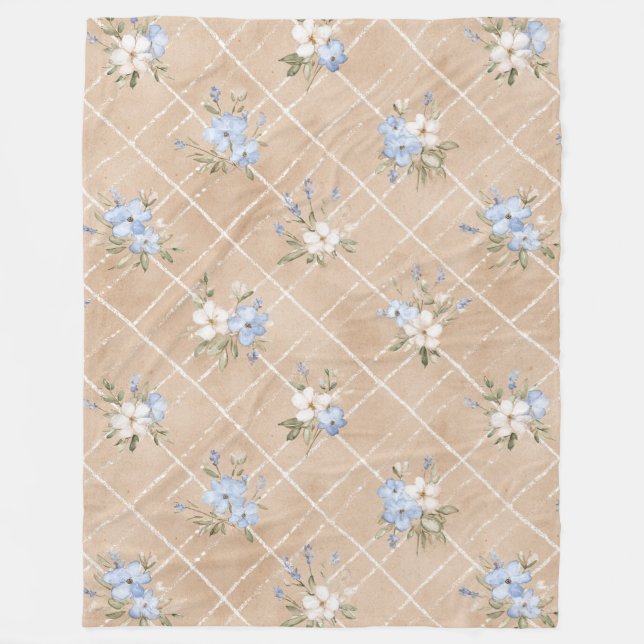 Braun Blaue Weiße Blumen Fleecedecke (Vorderseite)