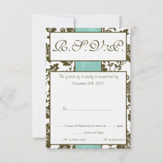 Braun/Blauer BlumenDamast Hochzeitskarte RSVP Einladung