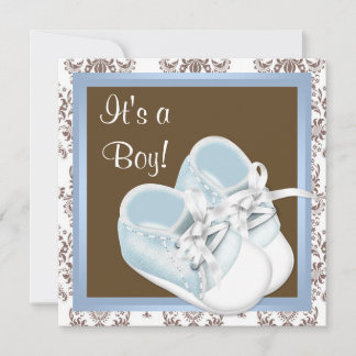 Braun Blue Damask Shoes Baby Boy Dusche Einladung