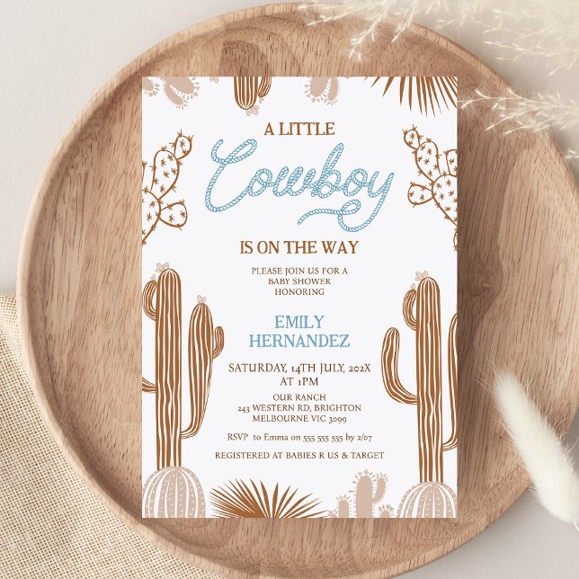 Braun Blue Kleiner Cowboy auf dem Weg Baby Dusche Einladung (A Little Cowboy Is On The Way Baby Shower Invitation, Western Baby Shower Wild West Southern Country)