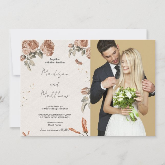 Braun Blume Hochzeitseinladungen mit Foto Einladung (Vorderseite)