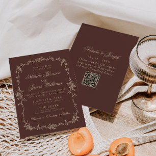 Braun-blumige Hochzeit mit QR-Code im Old-Money-St Einladung