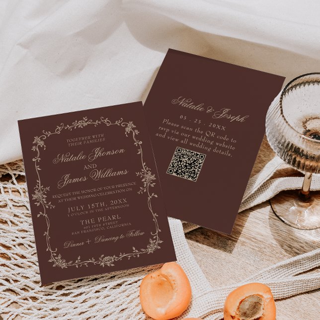 Braun-blumige Hochzeit mit QR-Code im Old-Money-St Einladung (Von Creator hochgeladen)