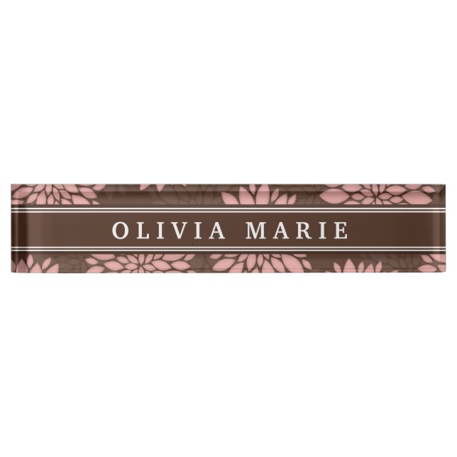 Braun Blush Pink Blume Blossom Muster Namensplakette (Vorderseite)