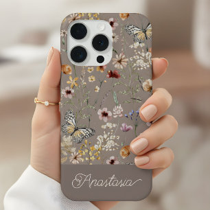 Braun Boho Watercolor Wildblumen Muster iPhone 15 Pro Hülle