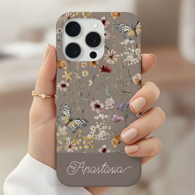 Braun Boho Watercolor Wildblumen Muster  iPhone Hülle (Von Creator hochgeladen)