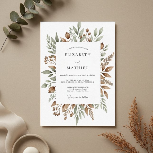 Braun Botanische Hochzeit Einladung (Von Creator hochgeladen)
