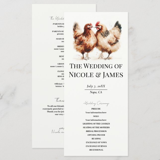 Braun Chickens Watercolor Country Wedding Program Menükarte (Vorne/Hinten)