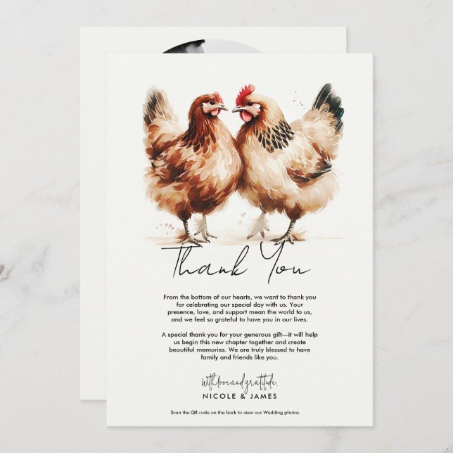 Braun Chickens Watercolor Wedding Danke Einladung (Vorne/Hinten)