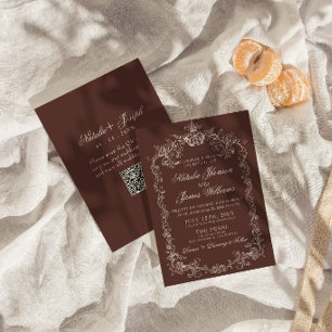Braun-chocige Vintage-Hochzeit mit QR-Code im Stil Einladung