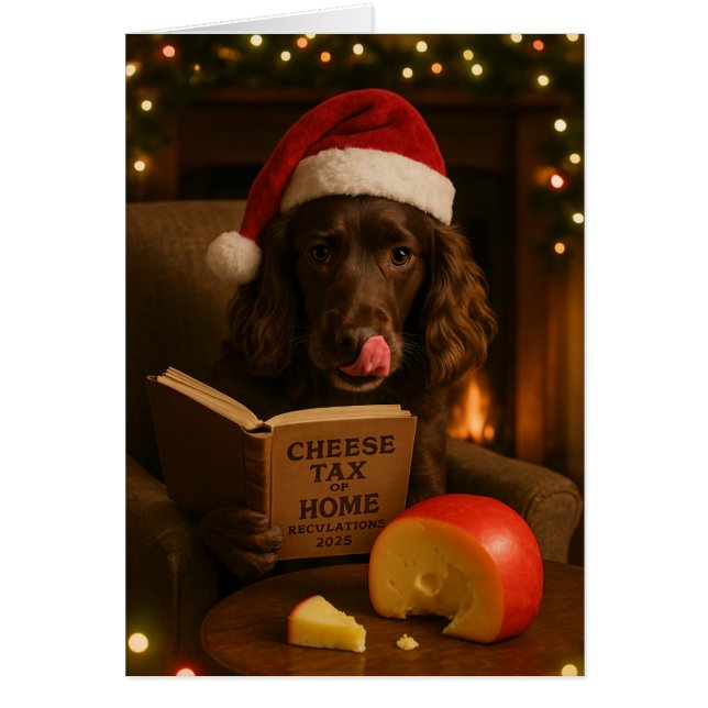 Braun Cocker Spaniel 'Käse-Steuer' Weihnachtskarte (Vorne)