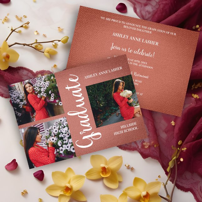 Braun Collage Drei Foto Abschluss Textur (Reddish-Brown Natural Fabric Collage 3 Multi Photos Grad Graduation Invitation. )