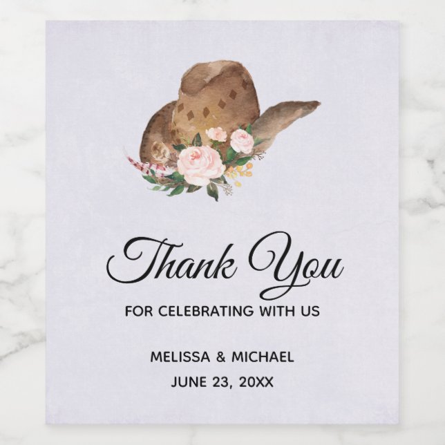 Braun Cowgirl Hut mit rosa Blume Hochzeit Weinetikett (Einzelnes Label)