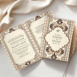 Braun Creme Beige Ikat Sikh Hochzeitsanzug Einladung