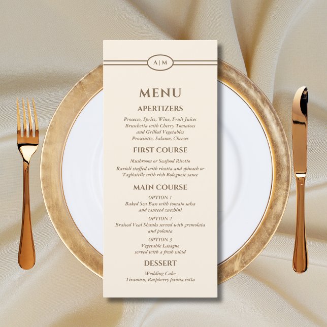 Braun-creme-farbenes Hochzeitsmenü mit Monogramm f Menükarte (Von Creator hochgeladen)