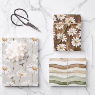 Braun Creme Grün Streifen Gänseblümchen Blumen Geb Geschenkpapier Set