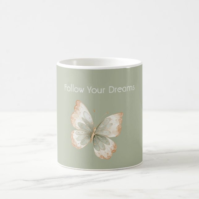 Braun Creme Grüner Schmetterling Träume Kaffeetasse (Mittel)