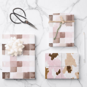 Braun Creme Weiß Rosa Quadrate Geburtstag Geschenkpapier Set