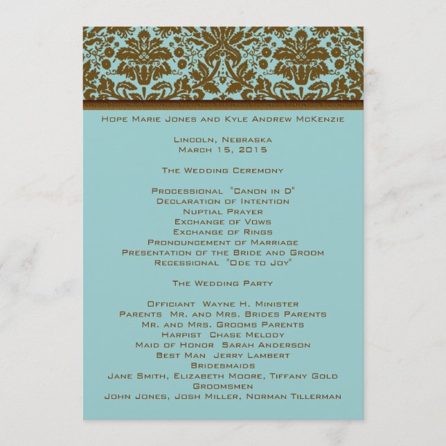 Braun Damask Hochzeitsprogramm Programm (Vorderseite)