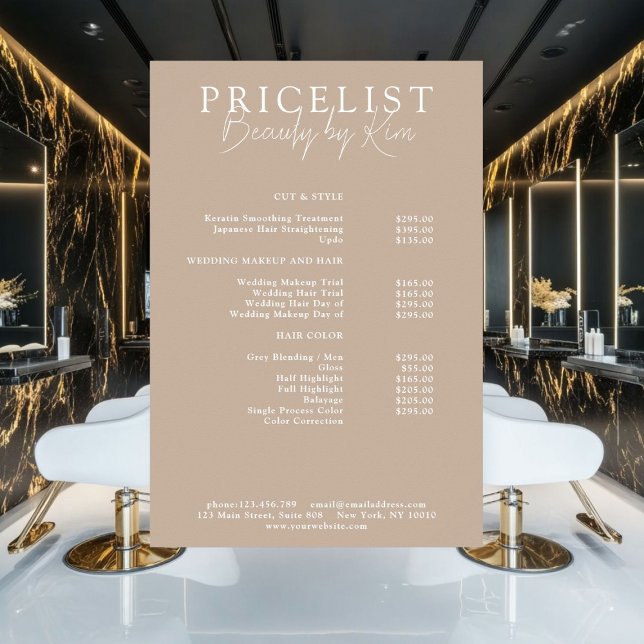 Braun, elegant, Salon-Preisliste Poster (Personalized, Brown, Elegant, Salon Price List Poster)