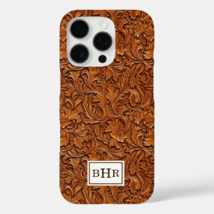 Braun geprägtes Leder mit Monogramm iPhone 16 Pro Hülle