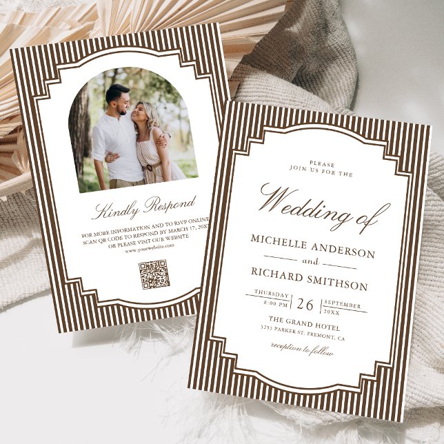 Braun gestreifte Hochzeit mit QR-Code-Foto Einladung (Von Creator hochgeladen)
