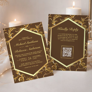 Braun Gold blühen Schwung QR-Code Hochzeit Einladung