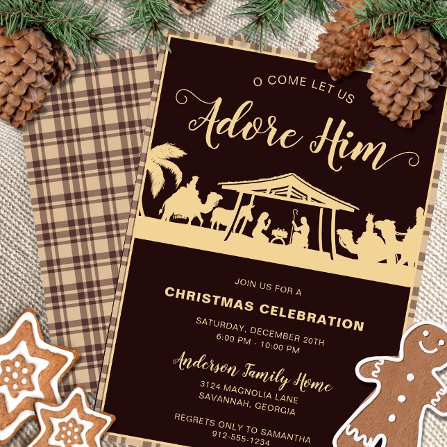 Braun & Gold Krippe Religiöses Weihnachtsfest Part Einladung (Religious Christmas party invitation with nativity scene , brown flannel and gold calligraphy script)