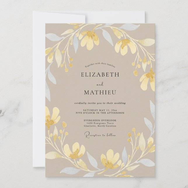 Braun-goldene Blumenhochzeit Einladung (Vorderseite)