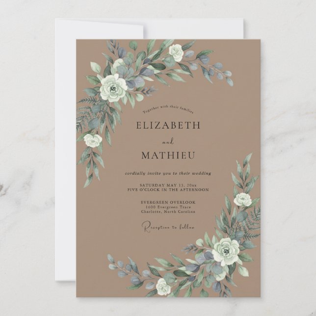 Braun-graue Eukalyptus-Hochzeit Einladung (Vorderseite)