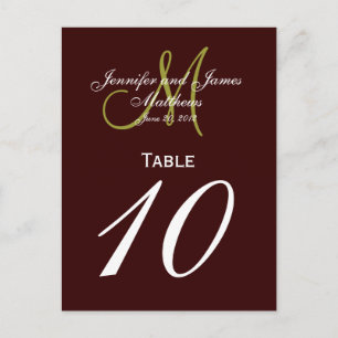 Braun-grüne Monogram-Hochzeitkarten-Tischnummer Postkarte