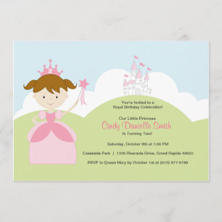 Braun Haar GeburtstagsPrinzessin in Rosa mit Schlo Einladung