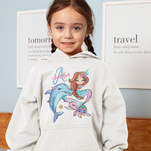 Braun Haar Mermaid Custom Kids Name Pink Girl Hoodie