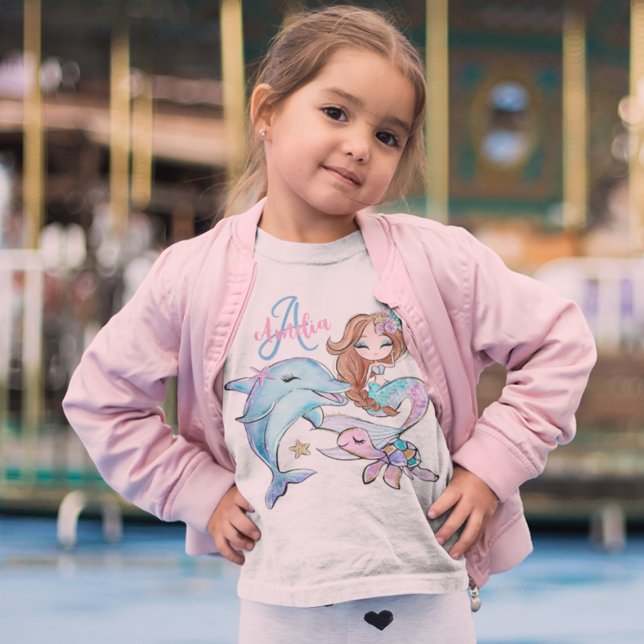 Braun Haar Mermaid Custom Kids Name Pink Girls T-Shirt (Brown Hair Mermaid Custom Kids Name Pink Girls T-Shirt
)