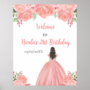 Braun Haar Prinzessin Pink Floral Geburtstag Willk Poster