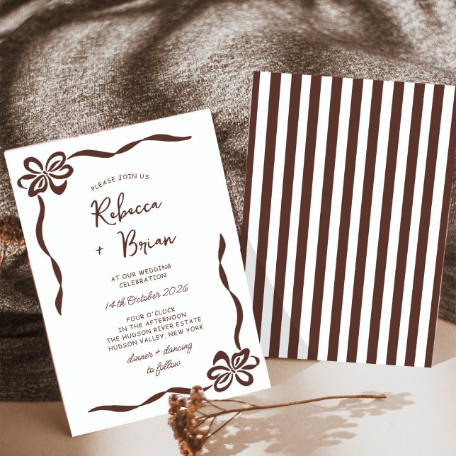 Braun Hand Drawn Bow Ribbon Sketch Hochzeit Einladung (Von Creator hochgeladen)