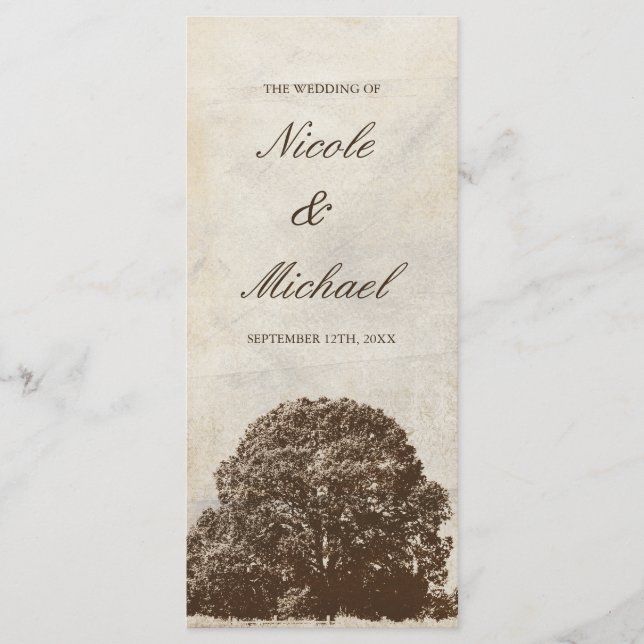 Braun Hochzeit Programm im Herbst mit Vintage Eich (Vorderseite)
